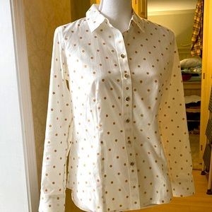 Talbots White Button down with Gold Polkadots